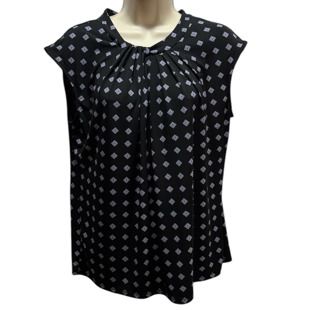 Liz Claiborne Womens Round Neck Sleeveless Blouse Top Size S Black w/Blue,White